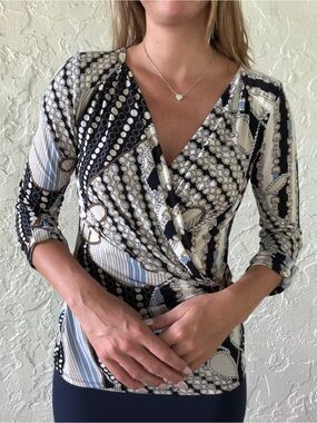 Cache Black, Cream & Blue Printed Wrap Top